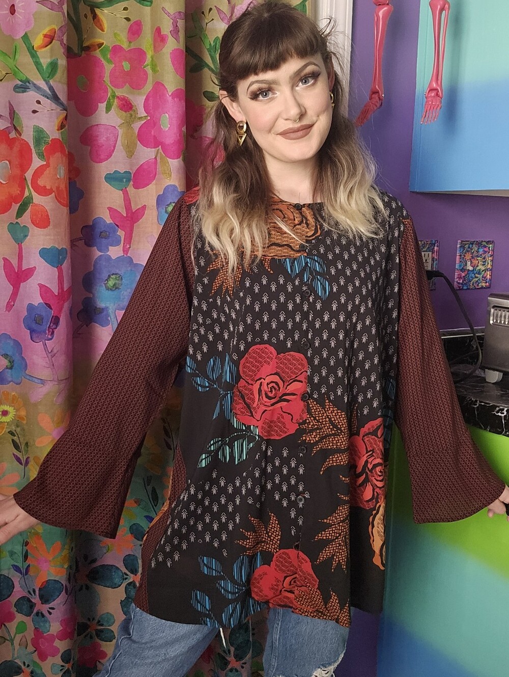 Bob Mackie Autumn Rose Bell Sleeve Floral Tunic Top Wearable Art Size Large